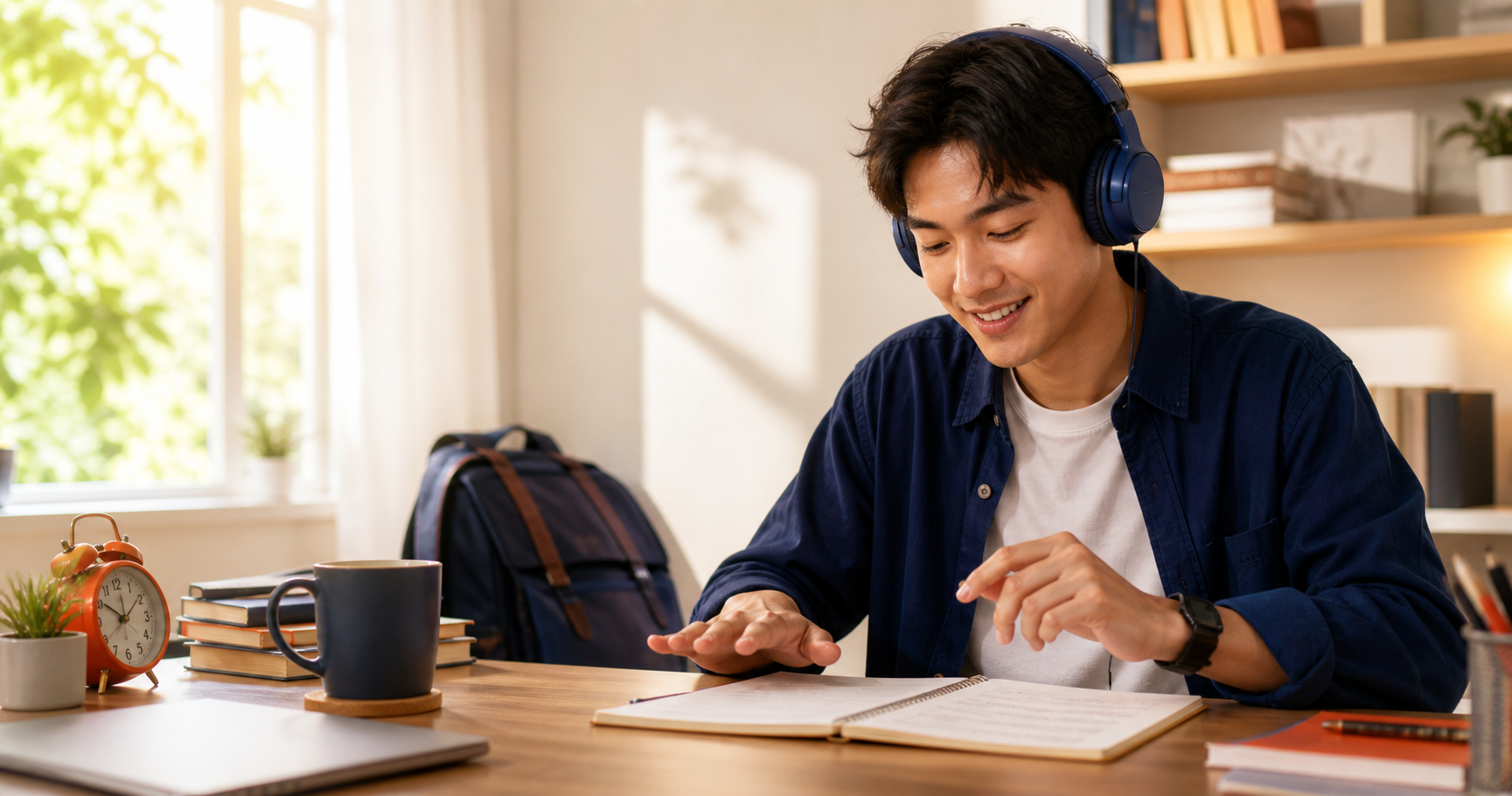 Adult learner wearing headphones and tapping a rhythm beside everyday routine objects