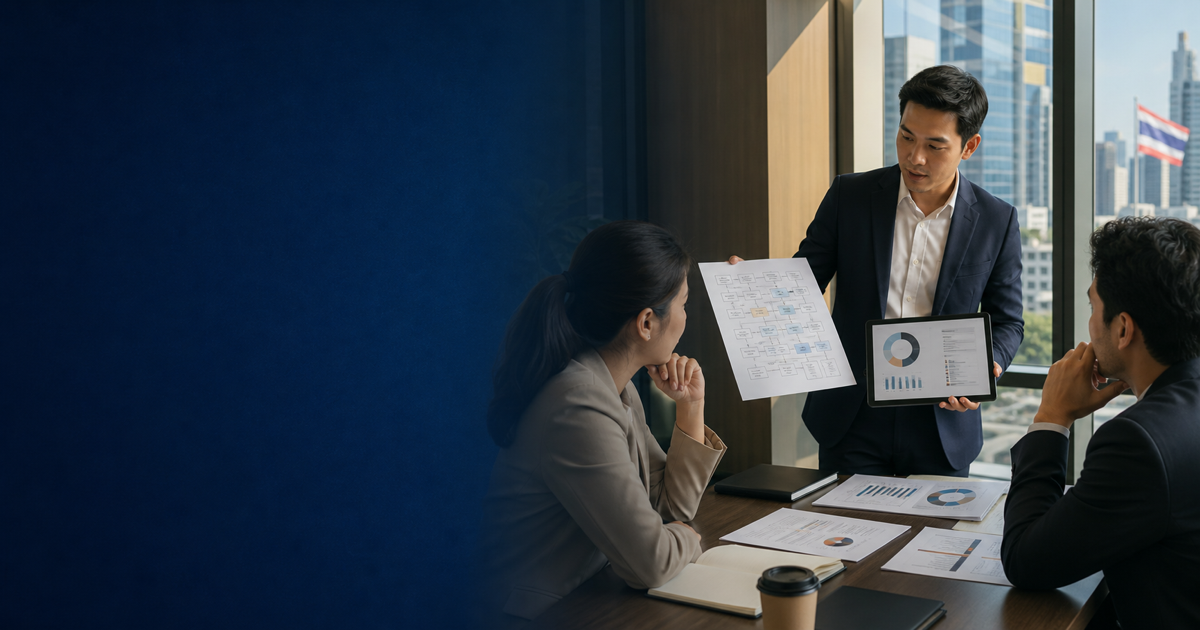 A Thai business analyst compares a detailed process chart with a concise findings report for colleagues