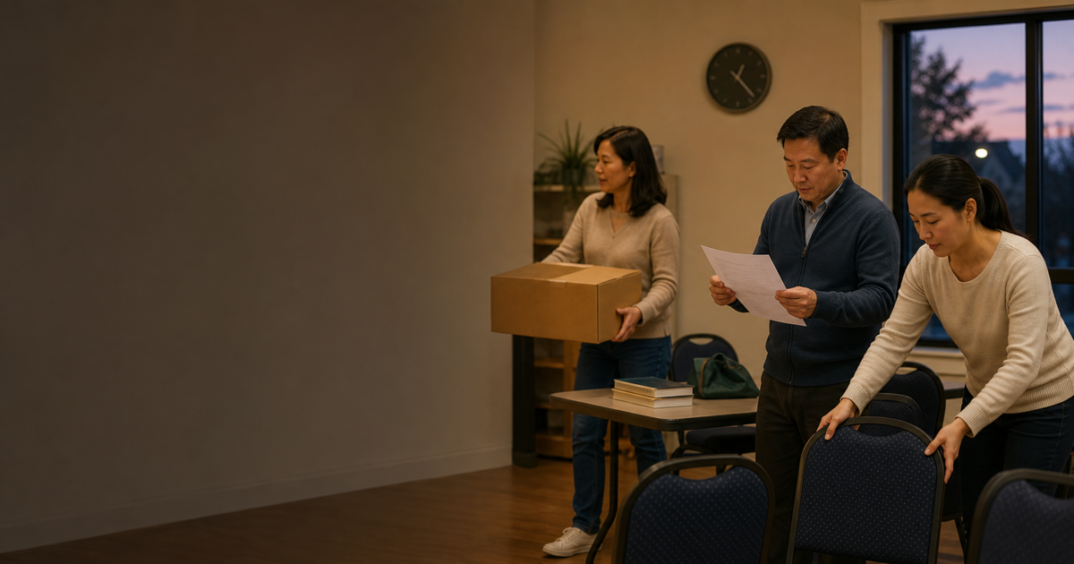 Three adult learners were preparing a community room at the same moment in the past