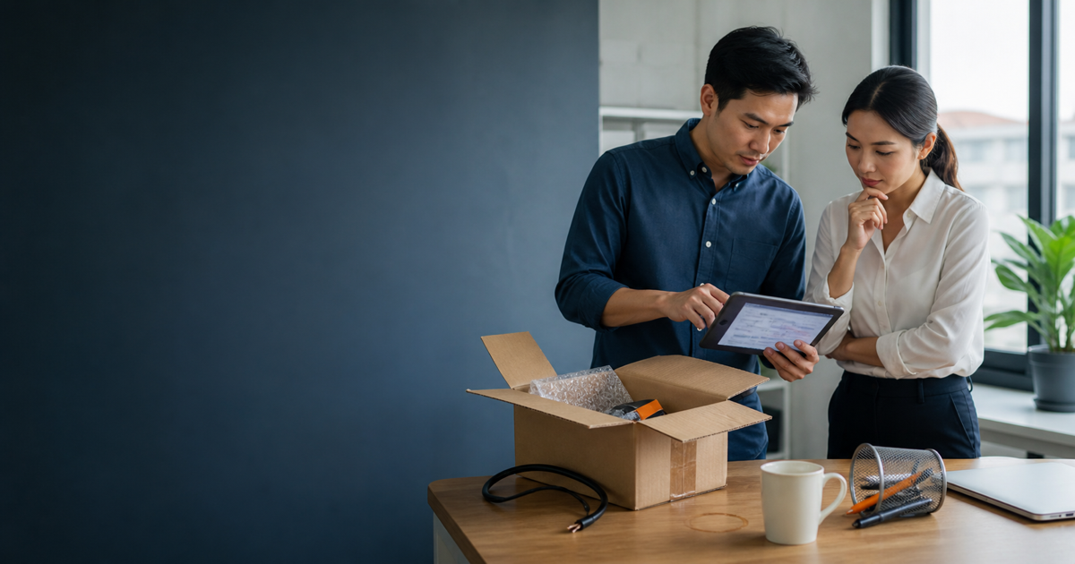 Two colleagues review a delivered package and other clues to reconstruct a past incident