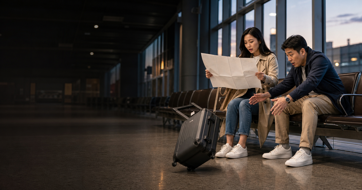 Two adult travellers at a station react when a suitcase tips over while one checks a map