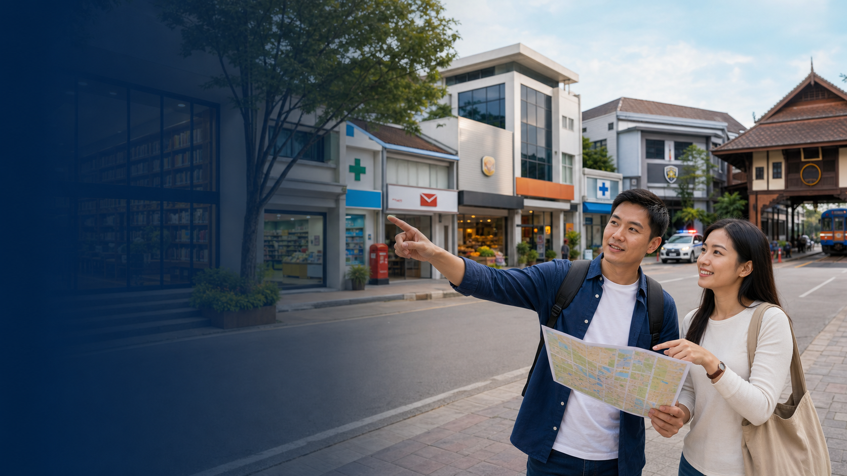 Two adult English learners use a map on a town street near a library, pharmacy, post office, clinic and station