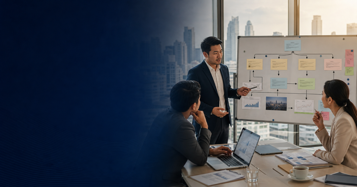 A Thai strategy lead checks a connected argument map with two colleagues