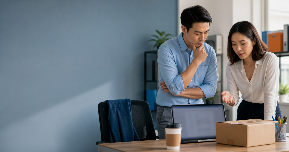 Two colleagues examine current workplace clues before comparing explanations