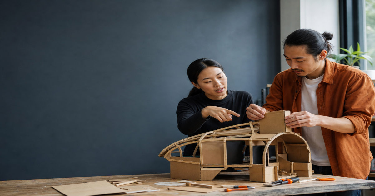 Two colleagues continue building an unfinished physical prototype