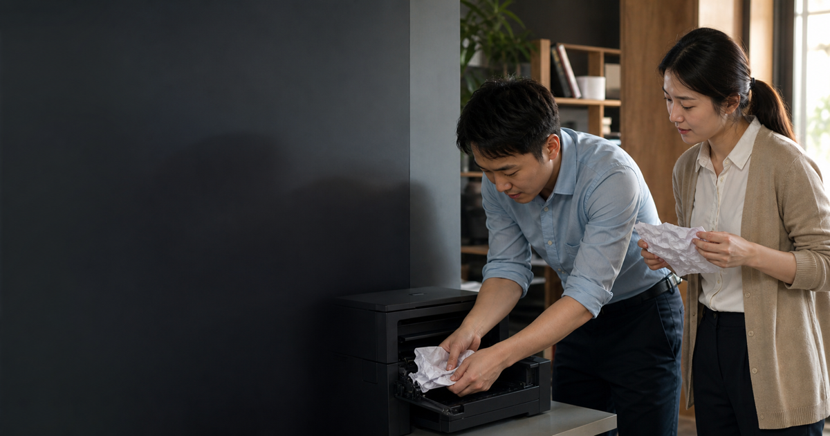 Two colleagues solve a paper jam after noticing its present result
