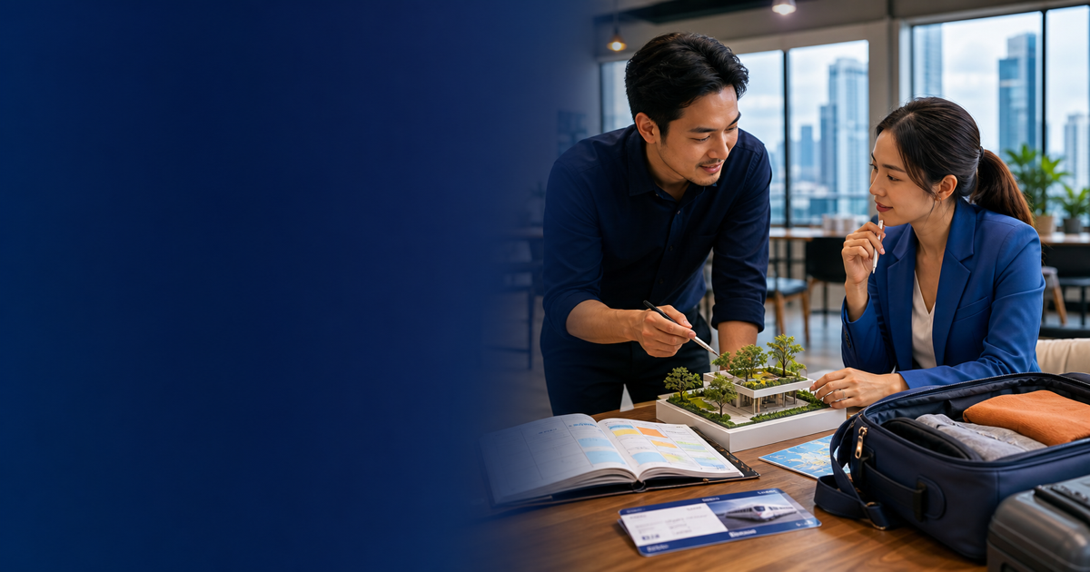 Two Thai colleagues compare a realistic travel plan with an imagined rooftop project