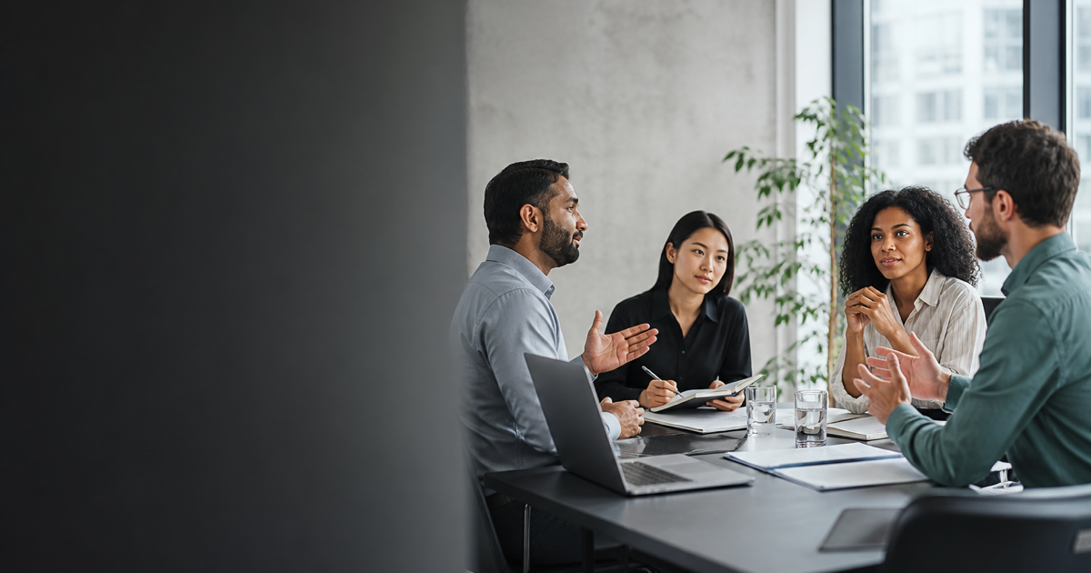 Three colleagues share viewpoints while an analyst takes notes during a meeting