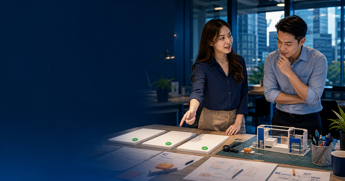 Two Thai colleagues compare completed deliverables with an active work-in-progress prototype