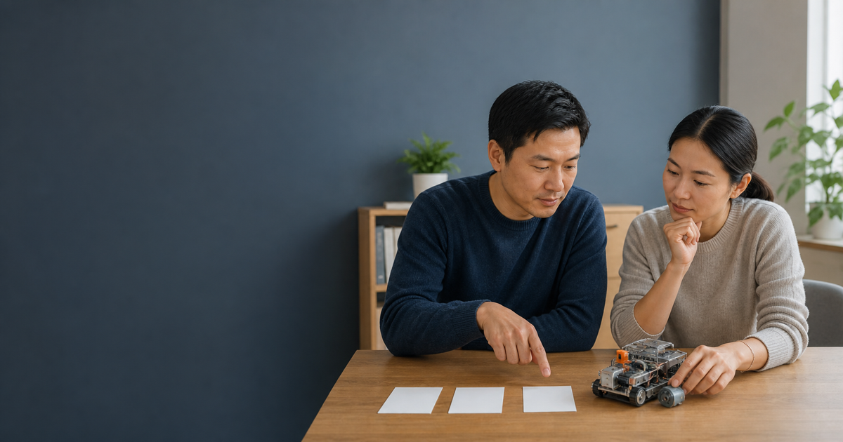 Two colleagues review a failed prototype and three past timeline cards