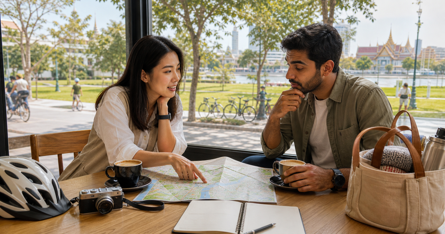 Two friends planning a weekend at a café beside a park, with a map, bicycle helmet, camera and picnic bag