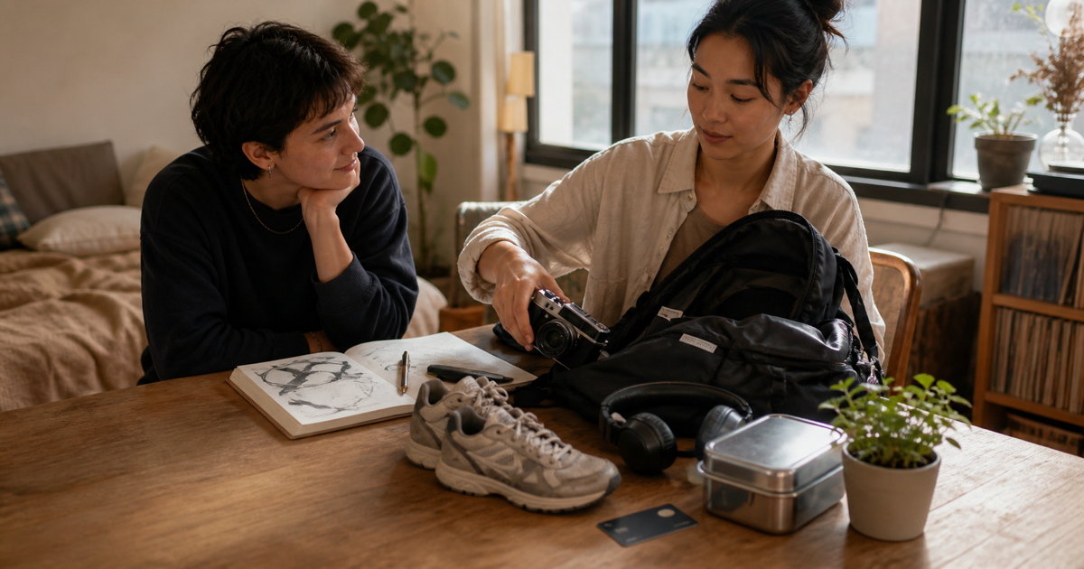 Two adults discussing personal belongings including a camera, sketchbook, running shoes, headphones and a backpack