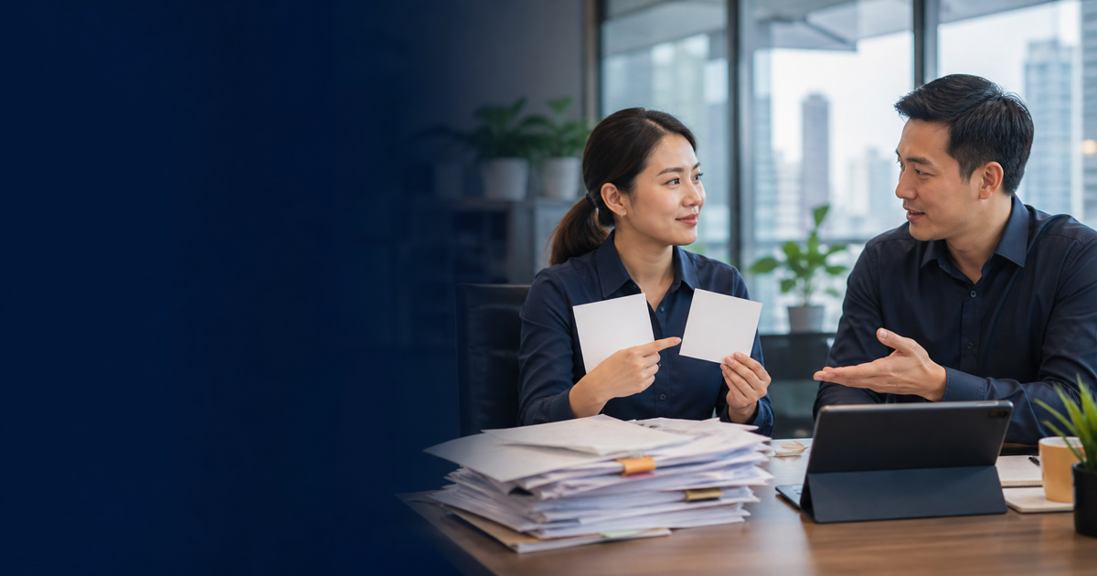 Two Thai colleagues compare preferences and discuss changing an overdue paper process